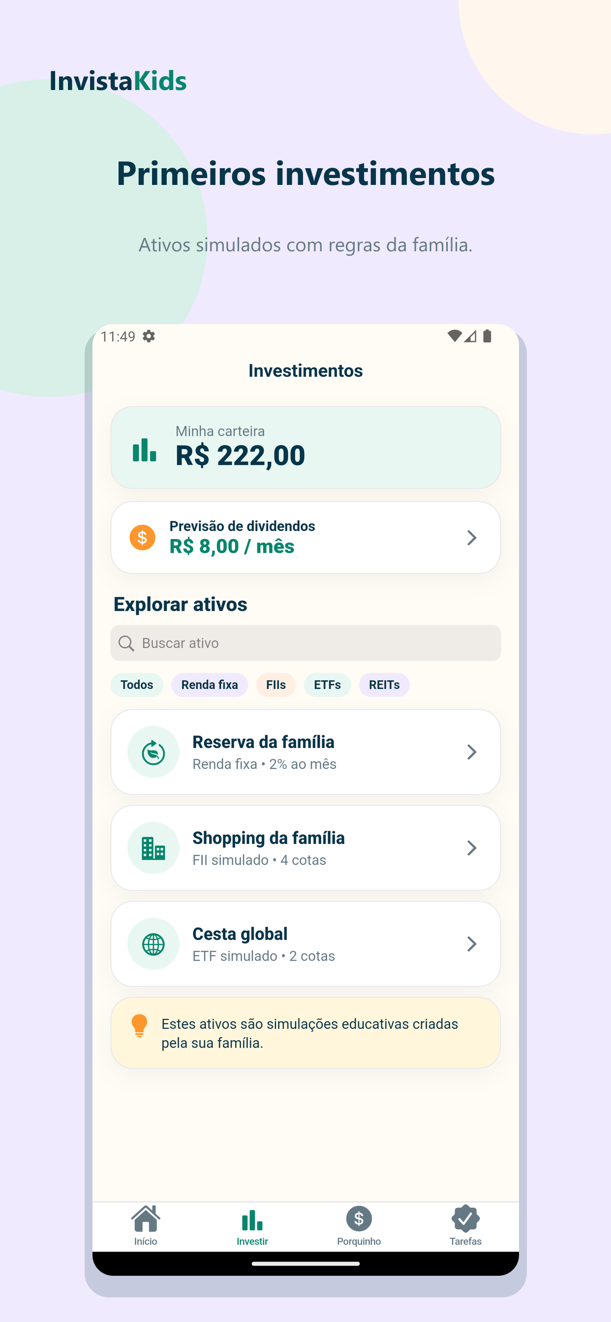 Tela de investimentos educativos do InvistaKids.