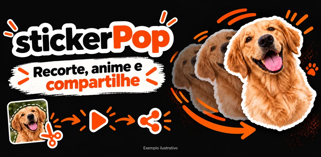 stickerPop: recorte, anime e compartilhe. Um cachorro recortado aparece com rastros que ilustram seu movimento.